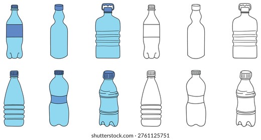 Hand-drawn cartoon and doodle set of empty plastic bottles isolated on a white background. Vector illustration.