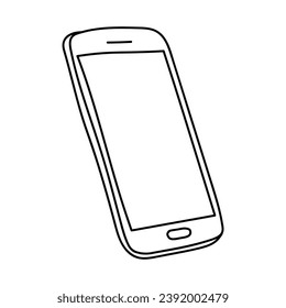 A hand-drawn cartoon doodle sketch of a mobile phone with a blank screen isolated on a white background. The concept of smartphones, phones, technologies. Vector illustration.