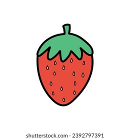 A hand-drawn cartoon doodle of a strawberry with a leaf isolated on a white background. The concept of vegetarianism and healthy eating. Flat design. Vector illustration.