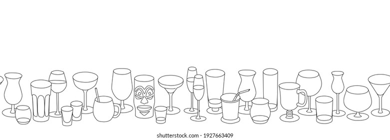 Hand-drawn cartoon doodle style vector ornament with variety of bar cocktail glasses as martini, margarita, rocks. Horizontal website banner, social network group profile header image with copy space