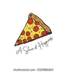 Hand-drawn cartoon doodle-style slice of pepperoni pizza vector illustration.