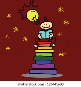 hand-drawn cartoon dream boy reading book illustration