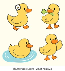Hand-Drawn Cartoon Duck Illustration Set.Cute Animal Character for Kids and Fun Clip Art