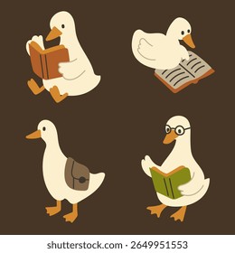 Pato Desenhado à Mão Lendo uma Ilustração de Animal Book.Cute.