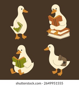 Pato Desenhado à Mão Lendo uma Ilustração de Animal Book.Cute.