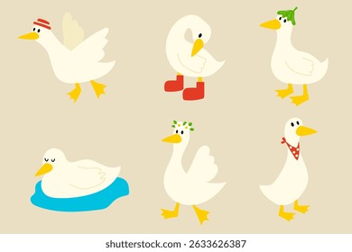 Hand-Drawn Cartoon Ducks in Various Poses Set Cute Animal Illustration for Kids and Design