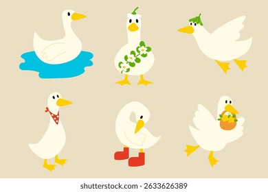 Hand-Drawn Cartoon Ducks in Various Poses Set Cute Animal Illustration for Kids and Design