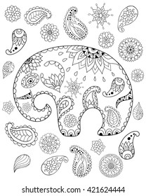 Handdrawn cartoon elephant, mandalas, paisleys, flowers and leaves for adult anti stress colouring page. Pattern for coloring book. Illustration in zentangle style. Monochrome variant. 