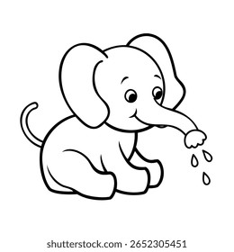 Desenho animado Elefante Sentado Sentado Água Pulverizada do Tronco com Gotículas no animal