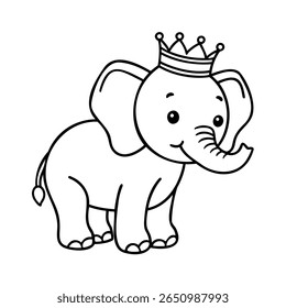 Elefante desenhado à mão vestindo uma coroa com um tronco orelhas grandes no animal