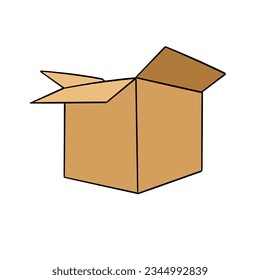 A hand-drawn cartoon empty cardboard box isolated on a white background. Flat design. Vector illustration.