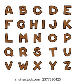 A hand-drawn cartoon English alphabet in brown isolated on a white background. The concept of education. Flat design. Vector illustration.