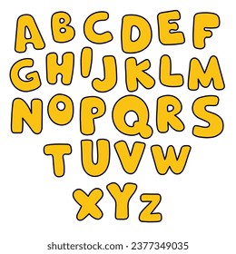 A hand-drawn cartoon English alphabet in yellow isolated on a white background. The concept of education. Flat design. Vector illustration.