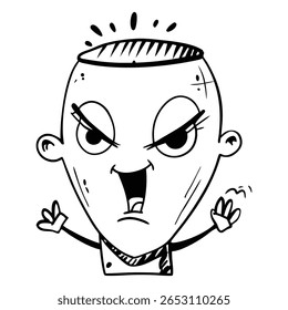 Hand-drawn cartoon expressing anger with emphasized facial features and raised hands in minimalistic black and white, perfect for illustrating emotions, anger, frustration, agitation, 