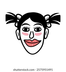 Hand-Drawn Cartoon Face of a Smiling Girl with Pigtails.  Playful Doodle Illustration with Cute Expression