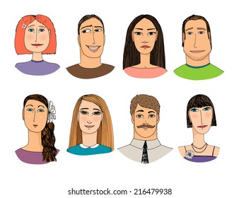 Hand-drawn cartoon faces crowd doodle colored collection of avatars