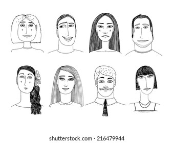 Hand-drawn cartoon faces crowd doodle collection of avatars