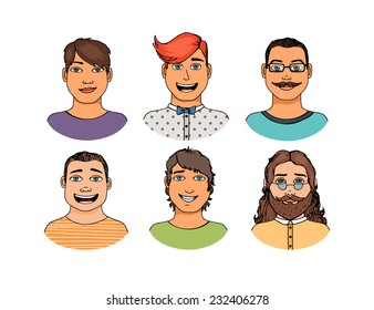 Hand-drawn cartoon faces crowd doodle colored collection of avatars