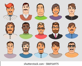 Hand-drawn cartoon faces crowd doodle collection of avatars