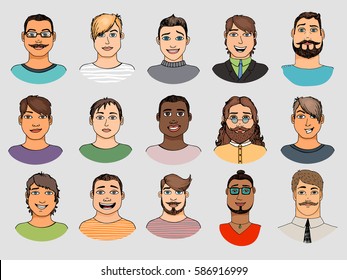 Hand-drawn cartoon faces crowd doodle collection of avatars