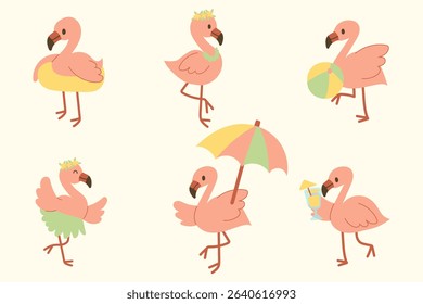 Hand-Drawn Cartoon Flamingo Summer Illustration Set. Cute Tropical Bird Clip Art.