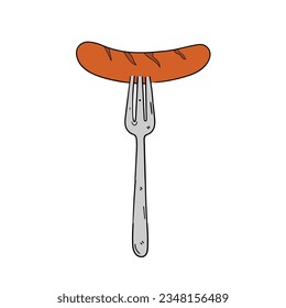 A hand-drawn cartoon fried sausage on a fork isolated on a white background. Flat design. Vector illustration.