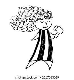 Hand-drawn cartoon funny curly girl with a hairdryer in her hand