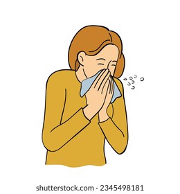 A hand-drawn cartoon girl blows her nose with a handkerchief isolated on a white background. The concept of health. Flat design. Vector illustration.