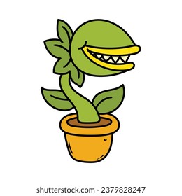 Hand-drawn cartoon green monster plant in pot isolated on white background. Flat design. Vector illustration.