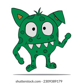 A hand-drawn cartoon green monster shows a greeting gesture isolated on a white background. Flat design. Vector illustration. Sketch.