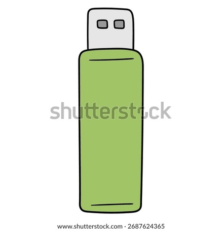 Hand-drawn cartoon green USB flash drive isolated on a white background. Vector illustration.