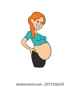 Hand-drawn cartoon happy young pregnant woman isolated on a white background. Flat design. Vector illustration.
