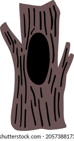 Caricatura dibujada a mano en árbol hueco. Bosque de fondo. Ilustración orgánica plana del viejo tronco grueso del árbol para el bebé. Doodle marrón de vida salvaje. La casa de la bestia de Woodland en un agujero. Fotografía para los niños, libro sobre reserva.