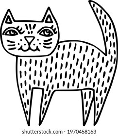 Hand-drawn cartoon house cat for baby. Сute striped pet stands on four legs. Big-eyed kitty smiles at children. Black funny doodle. Friendly animal icon. Kind vector illustration for nursery design.  