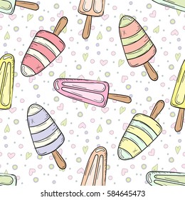 Hand-drawn cartoon ice cream doodles seamless pattern. Colorful with hearts and dots vector background