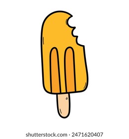 Hand-drawn cartoon ice cream on a stick with a bite isolated on a white background. Vector illustration.