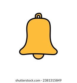 A hand-drawn cartoon icon of a golden bell isolated on a white background. Flat design. Vector illustration.