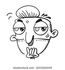 Hand-drawn cartoon illustration of a character with exaggerated facial features, showing a curious and thoughtful expression. Perfect for designs involving humor, emotion, and quirky personas.