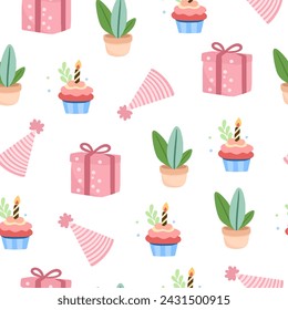 Hand-drawn cartoon illustration of holiday elements, flowers, gifts and funny characters. This vintage, cheerful pastel palette is perfect for gift wrapping.