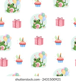 Hand-drawn cartoon illustration of holiday elements, flowers, gifts and funny characters. This vintage, cheerful pastel palette is perfect for gift wrapping.