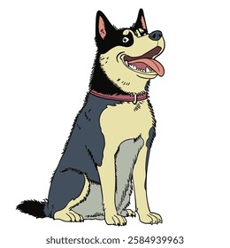 Hand-drawn cartoon illustration of a Siberian Husky with a happy expression, tongue sticking out, and a red collar, drawn in a vintage comic style.