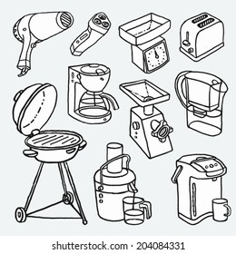 Hand-drawn cartoon illustrations with electric house appliances . Shaver, Hair Dryer, Toaster, Grill. Coffee Maker, Mincer, Water Filter, Thermo Pot, Juicer, Kitchen Scale.  Vector graphics set.