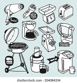 Hand-drawn cartoon illustrations with electric house appliances . Shaver, Hair Dryer, Toaster, Grill. Coffee Maker, Mincer, Water Filter, Thermo Pot, Juicer, Kitchen Scale.  Vector graphics set.