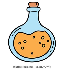 Frasco de laboratorio de dibujos animados dibujado a mano aislado sobre un fondo blanco. Ilustración vectorial.