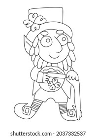 Hand-drawn cartoon leprechaun coloring page vector illustration