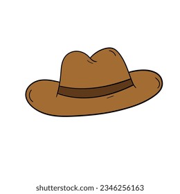 Caricatura hecha a mano sobre el sombrero de vaquero marrón de los hombres aislado en un fondo blanco. Diseño plano. Ilustración vectorial.