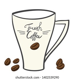 hand-drawn cartoon mug with coffee, coffee beans, inscription - fresh coffee logo for the coffee shop