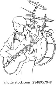 Hand-Drawn Cartoon of a Musical One-Man Band, Multi-Instrument Street Musician,  Cartoon Sketch of a Multi-Instrument Rockstar, Street Musician's Instrumental Performance