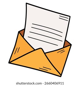 Hand-drawn cartoon open envelope with paper document isolated on a white background. Vector illustration.