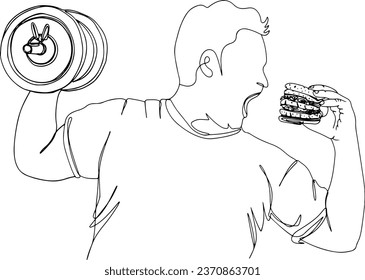 Hand-Drawn Cartoon: Overweight Man's Struggle with Healthy Choices, Continuous Line Art of a Fat Man Trying to Balance Food and Fitness, Man Attempting to Exercise with a Sandwich